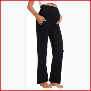 Maternity Wide Leg Pants with Pockets, Cozy Polyester Spandex Lounge Trousers